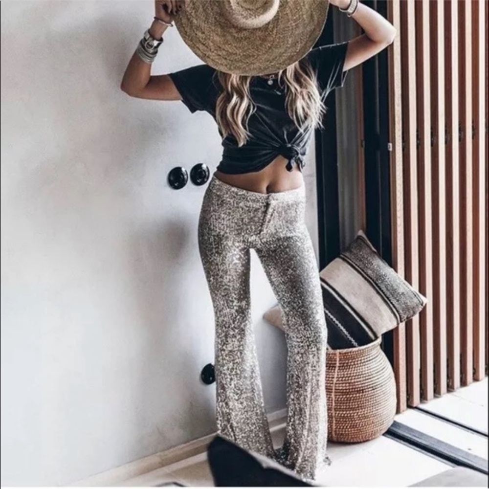 Sequin Flare Bell Bottom Pants High Waist XS